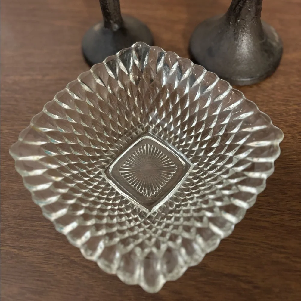Vintage Indian Glass Diamond Point Square Candy or Serving Dish